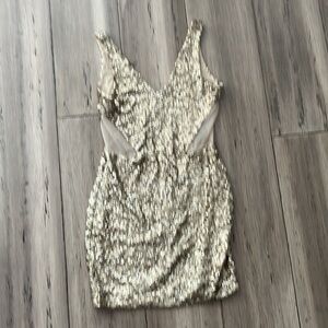 Bebe Gold Sequin Bodycon Plunge Mesh Cut-Out Mini Dress XS Fall